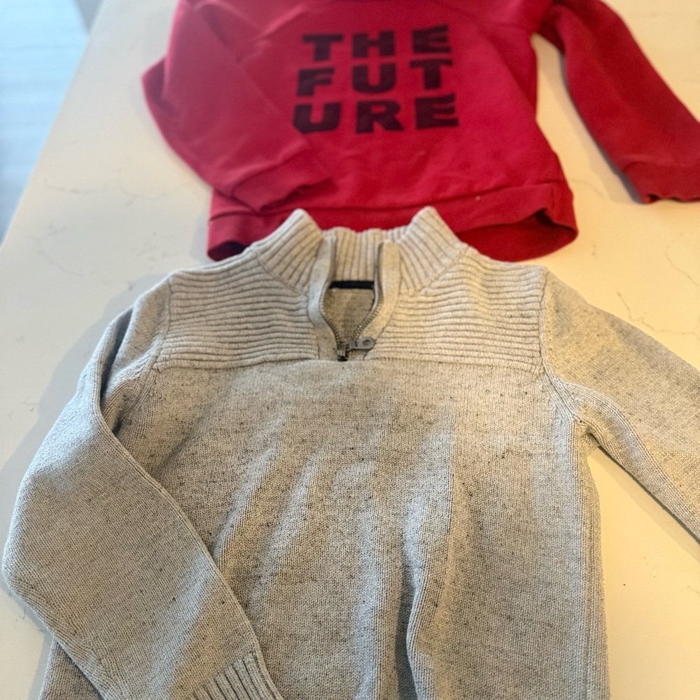 Gray Knit Sweater and Red Graphic Sweatshirt